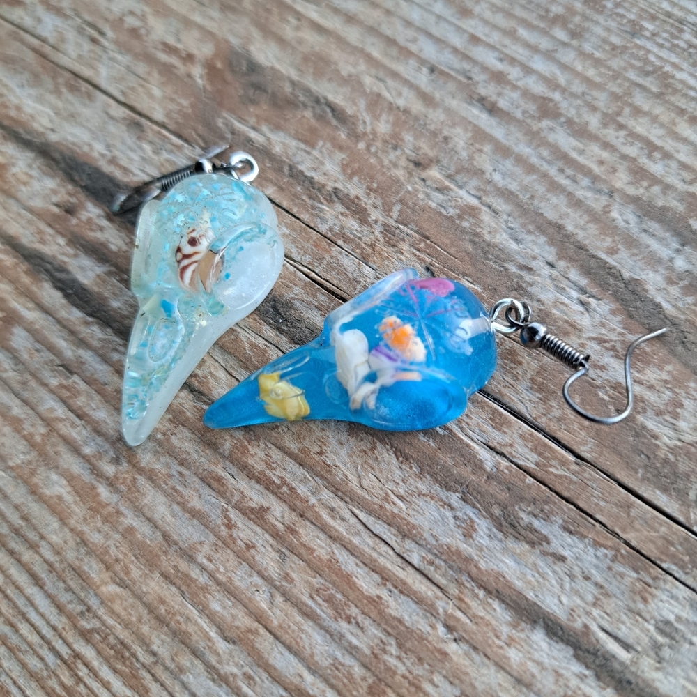 Unique Quirky Mismatched Bird Skull Shaped Earrings